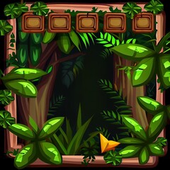Cartoon game panels in jungle style against a dark background, wooden gui elements with leaves.
