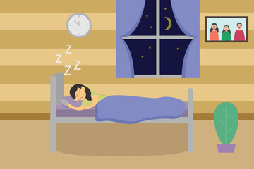 Young woman sleeping on the bed at night