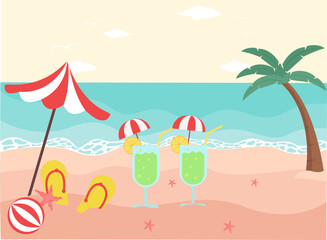cocktail on the beach with sandals and umbrella, summer background flat design illustration