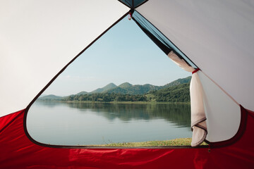 tourist tent camping in mountains, Camping by lake