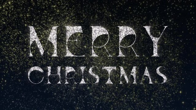 Merry Christmas tittle animation on a blue background with fireworks. Happy New Year 2023 Greetings Card Abstract Blinking Sparkle Glitter Particle. Unique typeface. 