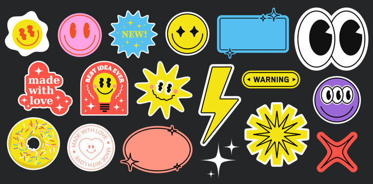 Decals stickers. Set of funny laptop stickers and labels in futuristic style.smiles, lightning, frames for inscriptions and others