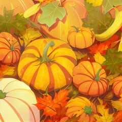 Autumn composition with pumpkins and autumn leaves Happy Thanksgiving Close up , anime style