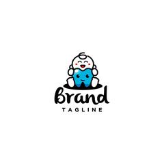 Happy Baby Hugging Blue Cute Teeth Logo Design. Healthy Blue Teeth In Cute Baby Hugs Logo Design.