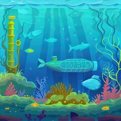 Sea bottom. 2d illustrated illustration with a background in cartoon style. Depths of the ocean.