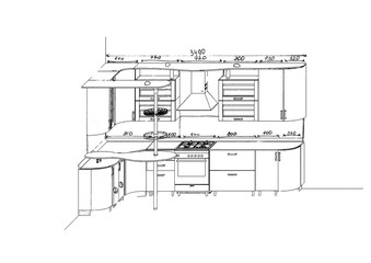Sketch, drawing of furniture for the kitchen with dimensions