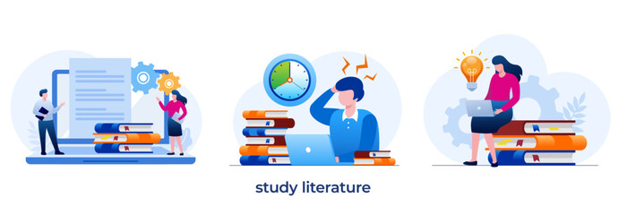 study literature and book reference, education concept, knowledge, book library, flat illustration vector
