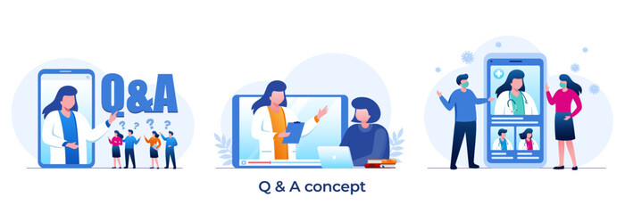 Q n A concept, question and answer, support, call center, help, contact ask, flat illustration vector design template