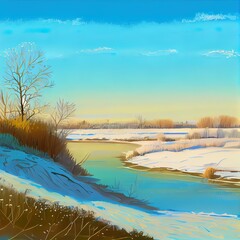 March sunny evening by the river. Blue sky over the horizon. A picturesque landscape, early spring, a river with snow covered banks, dry grass and bushes. The first thaws, the snow is melting