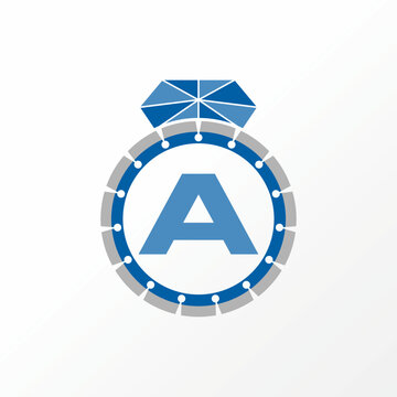 Simple and unique diamond ring, blade saw, and letter A font inside image graphic icon logo design abstract concept vector stock. Can be used as symbol related to adornment or cutting machine