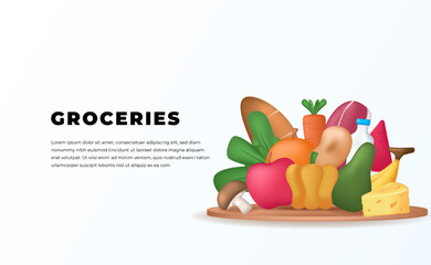 fresh groceries vegetable, fruit, milk, meat on the wood podium nature shopping retail