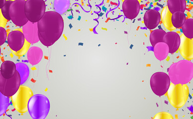 Happy typography vector design. template for birthday celebration. foil confetti and and glitter balloons