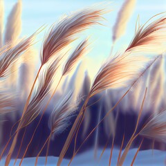 Selective focus of fluffy reed heads and blades, all covered with snow in soft sunlight, spread in the wind. Winter nature texture.