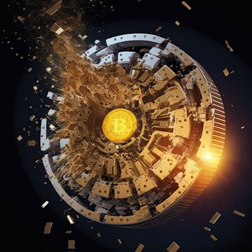 Barish concept on the Bitcoin price and a crypto bubble that has exploded as a clock, scattering broken gears in thousand pieces. Concept of the collapse of cryptocurrency market and new regulating.