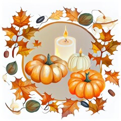 Naklejka premium Autumn composition Pumpkins, candles, dried leaves on white background Autumn, fall, halloween concept Flat lay, top view, copy space , anime style
