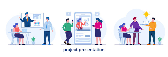 Fototapeta na wymiar project presentation, startup client, company, business presentation, brainstorming, flat illustration vector template