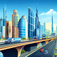 Dubai city skyline panoramic view with metro and cars moving on city's busiest highway