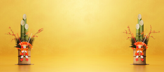 金の背景に置かれたペアの門松 / コピースペースのあるお正月・年賀状・新春の背景イメージ / 3Dレンダリング - obrazy, fototapety, plakaty