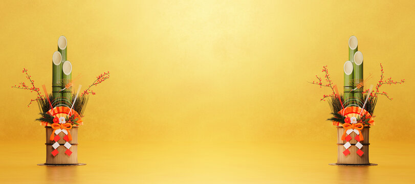 金の背景に置かれたペアの門松 / コピースペースのあるお正月・年賀状・新春の背景イメージ / 3Dレンダリング