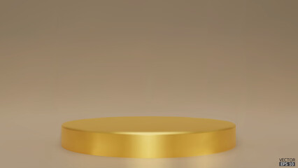 Shiny gold round pedestal on studio backdrops. Gold Blank display or clean room for showing product. Minimalist mockup for podium display or showcase. 3D vector illustration.