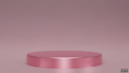 Shiny metallic pink round pedestal on studio backdrops. Pink Blank display or clean room for showing product. Minimalist mockup for podium display or showcase. 3D vector illustration.