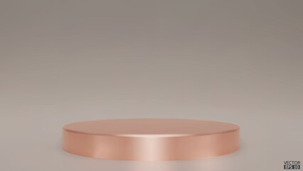 Shiny metallic beige round pedestal on studio backdrops. Beige Blank display or clean room for showing product. Minimalist mockup for podium display or showcase. 3D vector illustration.