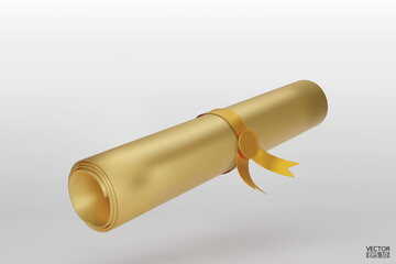 Gold Diploma, close up of gold paper scroll with golden ribbon isolated on white background. Graduation Degree Scroll with Medal. Education certificate graduation scroll icon. 3D vector illustration.