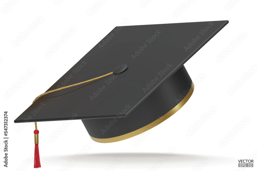 Wall mural 3d realistic graduation university or college black cap isolated on white background. graduate colle