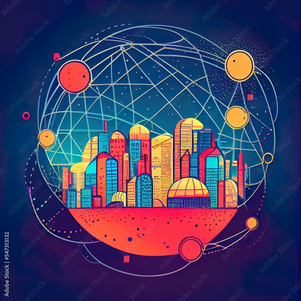 Sticker Rounded abstract cityscape network connection, internet and global connection concept.