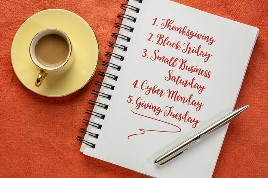 Shopping days after Thanksgiving Day - handwriting on a notebook with a cup of coffee