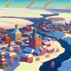 Aerial drone view of ancient russian town Ples on the Volga river in winter with snow, Ivanovo region.