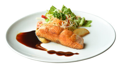 Salmon fillet served with vegetables and potatoes in restaurant menus