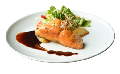 Salmon fillet served with vegetables and potatoes in restaurant menus