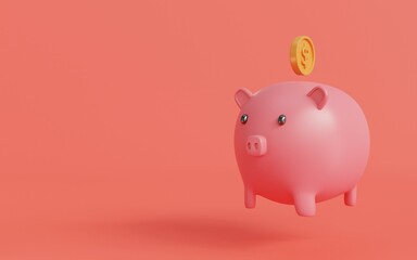 Piggy bank isolated on red background.Symbol of goals in savings.investing and business.money management.Saving and money growth concept.Dollar.Money box.3D rendering,illustration