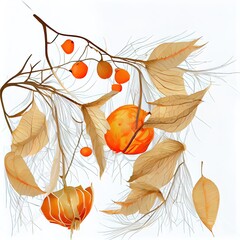 Autumn composition made of orange physalis and dry autumn twigs on white background Autumn, fall concept , anime style