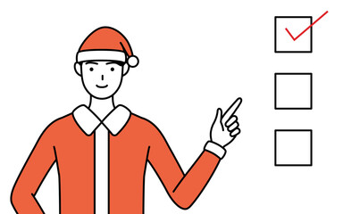 チェックリストを指さすサンタクロース姿の男性