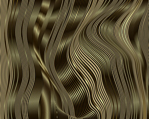 Gold wavy lines luxury 3d pattern. Surface waves background. Line art striped vector backdrop. Gold and black beautiful lines ornament. Waves, stripes, curves. Ornate texture. Decorative design