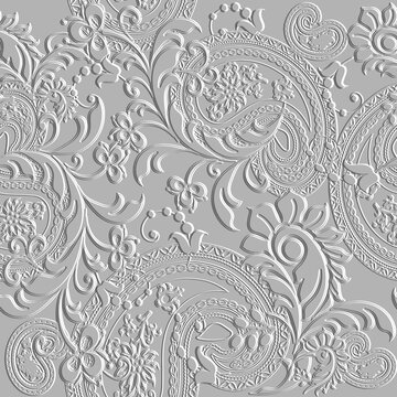 Emboss Paisley floral 3d seamless pattern. Embossed white background. Vintage textured flowers, leaves. Repeat surface vector backdrop. Floral relief 3d ornament. Endless texture. embossing effect