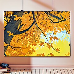 Tree branch with yellow fallen dried leaves Autumn background workspace Golden foliage composition , anime style