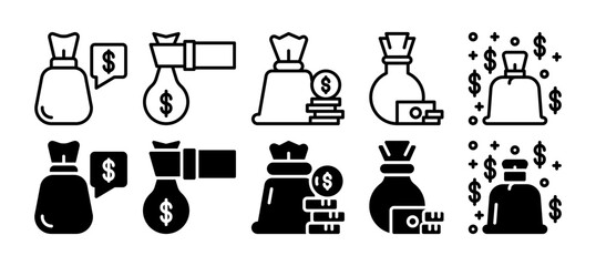 money bag icon set. vector illustration with a different style. line and solid style