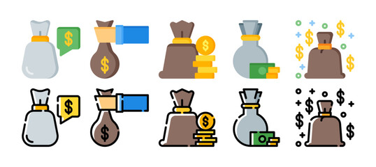 money bag icon set. vector illustration with a different style. flat and filled line style