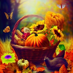 autumn composition with pumpkin and dry flowers in basket fall seasonal natural background symbol of Autumn harvest, Thanksgiving, Mabon sabbat and Halloween holiday High quality photo , anime style - obrazy, fototapety, plakaty