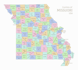 Counties of Missouri, administrative map of USA federal state. Highly detailed color map of Missouri American region with territory borders and counties names labeled vector illustration