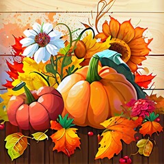 Happy Thanksgiving! Stylish autumn composition on rustic background Colorful autumn flowers, pumpkins, pattypan squashes on wooden table Seasons greeting card, space for text Hello Fall , anime style