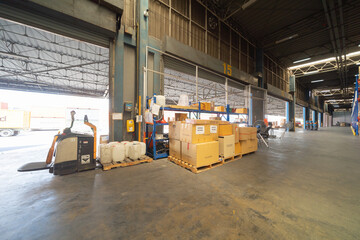 Interior of large warehouse retail store industry. Rack of furniture and home accessories stock storage. Interior of cargo in ecommerce and logistic concept. Depot