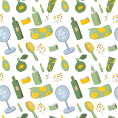 vector seamless pattern with various care and decorative cosmetrics - creams, lotions, lipsticks, cosmetic bag