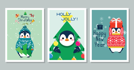 Winter penguins cartoon characters, Merry Christmas illustrations of cute penguins greeting cards with accessories like a knitted hats, sweaters, scarfs.