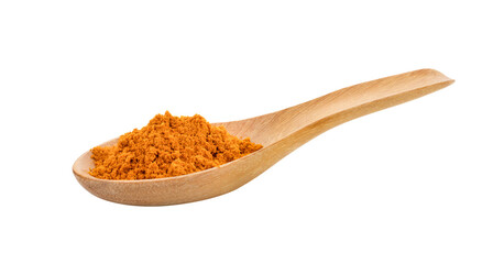 Turmeric powder in wood spoon isolated on transparent png