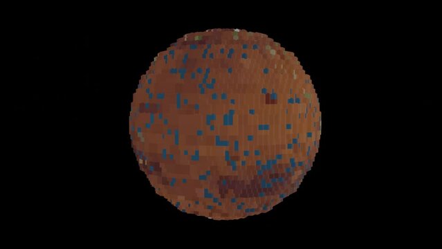 3D render - Animation of rotating Mars made of blocks gradually being terraformed into an Earth like planet. 
