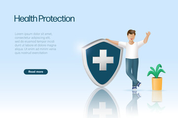 Medical insurance and health protection. Healthy man with medical shield. Attention and awareness in health insurance concept.